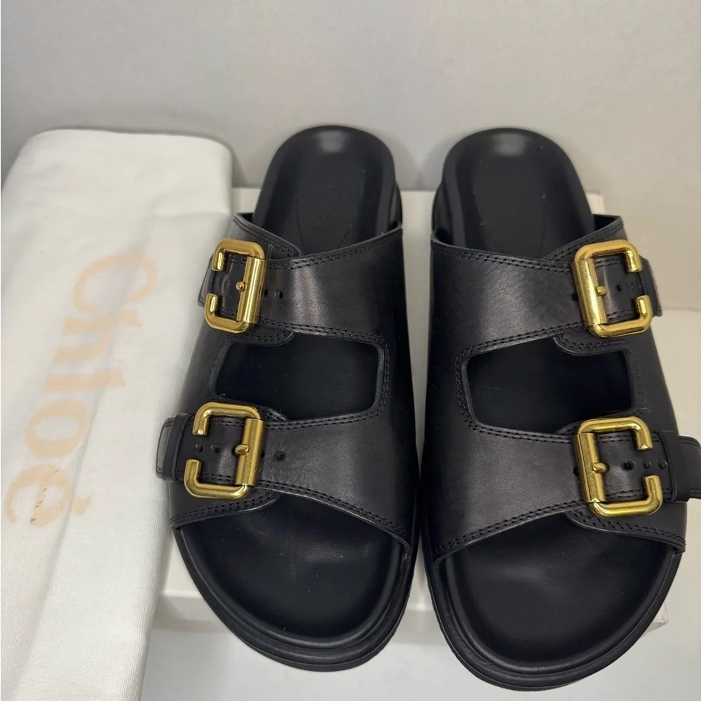 Chloe Nil Double-Strap Cowhide Mules In Black Color Size 38. - Picture 2 of 13
